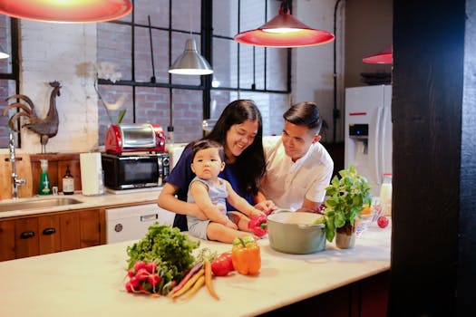 happy family cooking with fresh vegetables