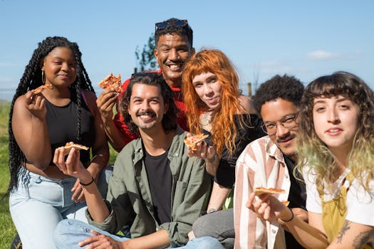 happy group of friends enjoying healthy food